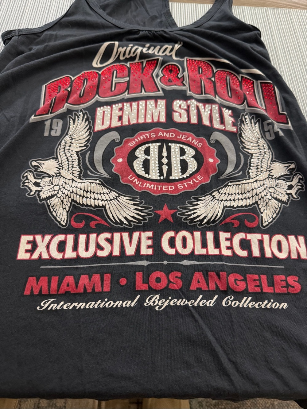 Bejeweled Rock & Roll Denim Style Women's Black Graphic Tank
